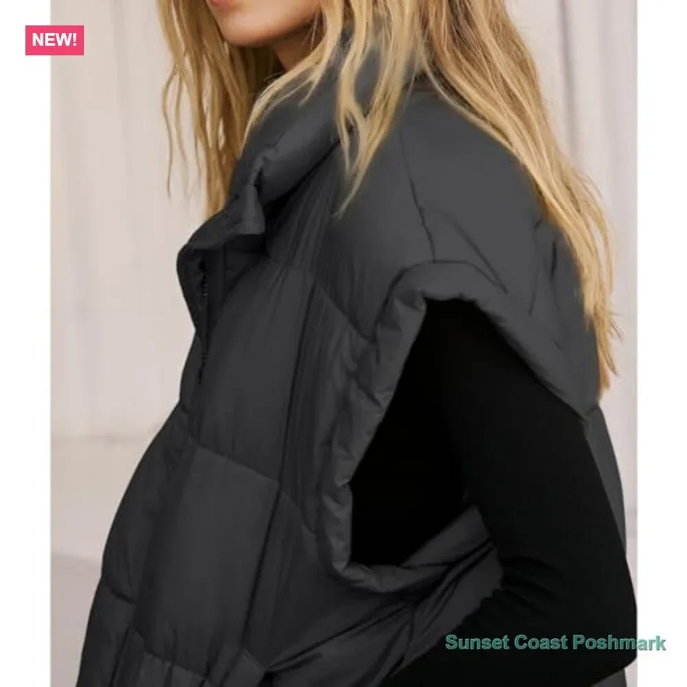 Oversized Puffer Vest Stand Collar Full Zip Sleeveless Quilted - Picture 2 of 7